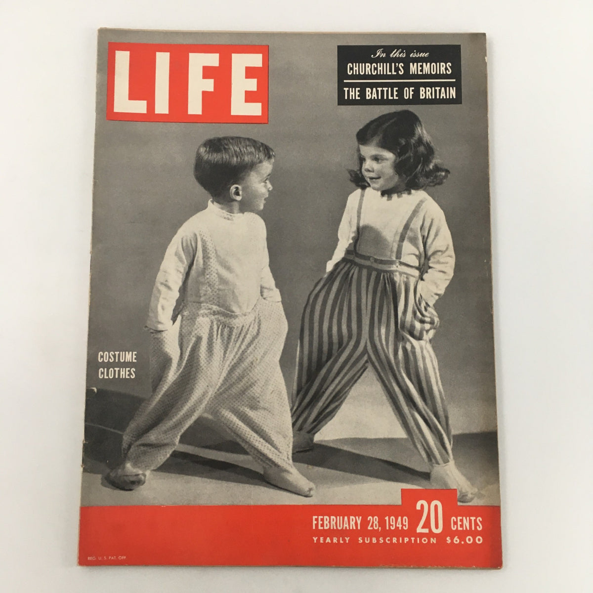 Vintage Life Magazine February 28 1949 featuring children in unique costume clothes, highlighting the Battle of Britain and Churchill's memoirs.