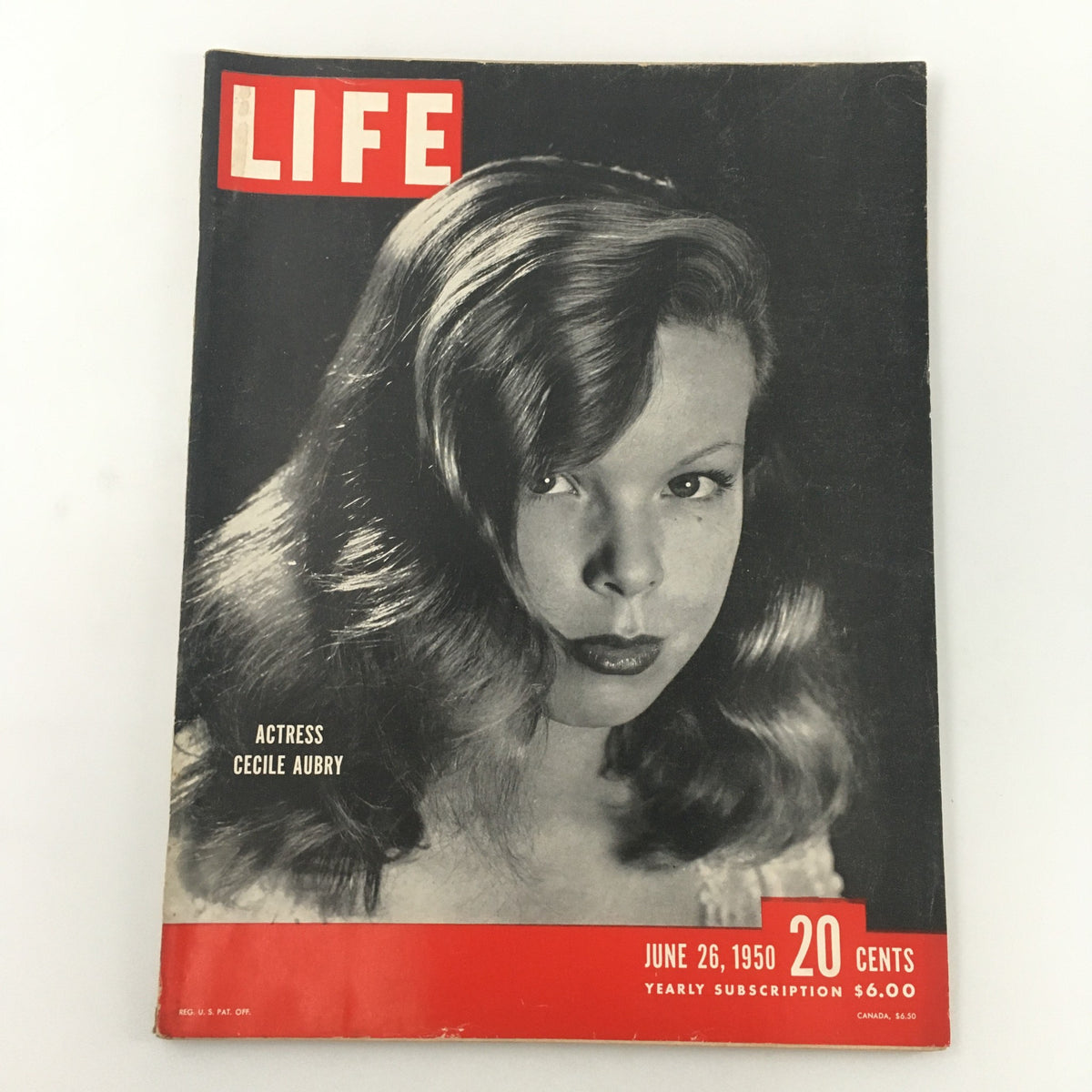 Cover of VTG Life Magazine from June 26, 1950 featuring actress Cecile Aubry, showcasing vintage Hollywood glamour and style.