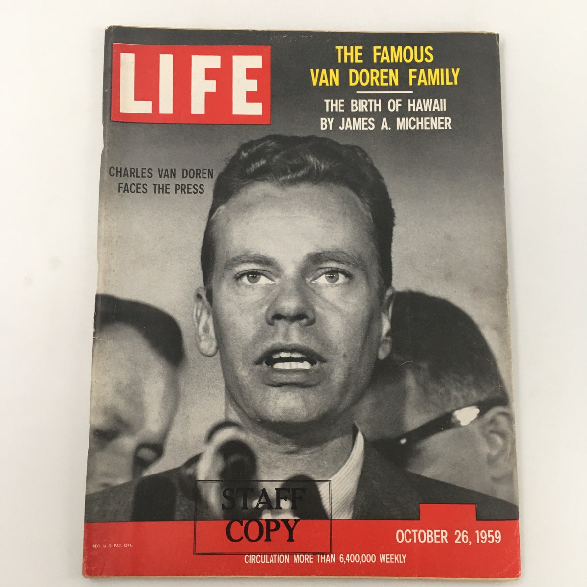 VTG Life Magazine October 26 1959 featuring Charles Van Doren on the cover, with a prominent 'Staff Copy' mark, showcasing a historical snapshot of American quiz show culture.