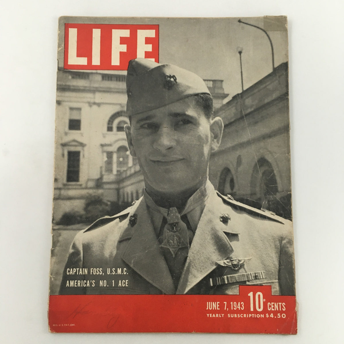 Vintage Life Magazine cover from June 7, 1943, featuring Captain Foss U.S.M.C., America's No. 1 Ace. The black and white photograph shows Captain Foss smiling in military uniform, with the iconic red Life Magazine header.