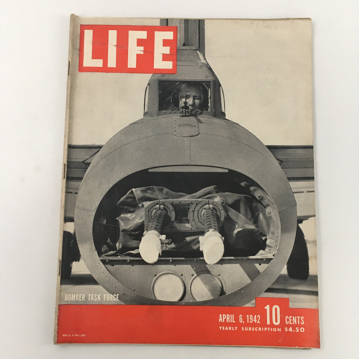 VTG Life Magazine April 6 1942 featuring Bomber Task Force Photograph, highlighting the cover design with bold red 'LIFE' title and historical imagery, original newsstand condition.