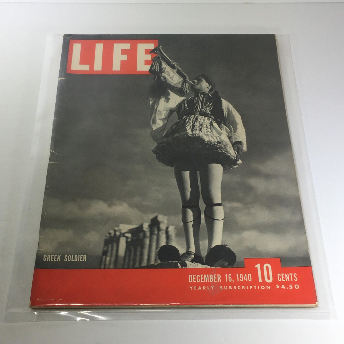 Vintage Life Magazine cover dated December 16, 1940 featuring a Greek soldier, encapsulating wartime history, notable for collectors and vintage enthusiasts.