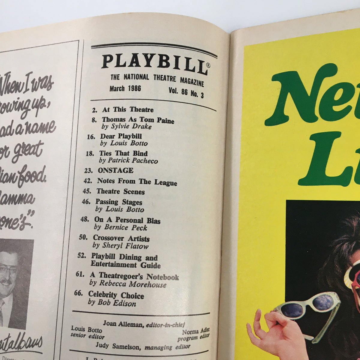 Interior page of the 1986 Playbill Longacre Theatre for 'Precious Sons', displaying the contents and articles relevant to the production.