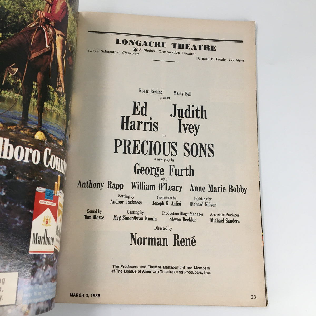 Page from the 1986 Playbill Longacre Theatre for 'Precious Sons' featuring cast details and credits, showcasing Ed Harris and Judith Ivey.