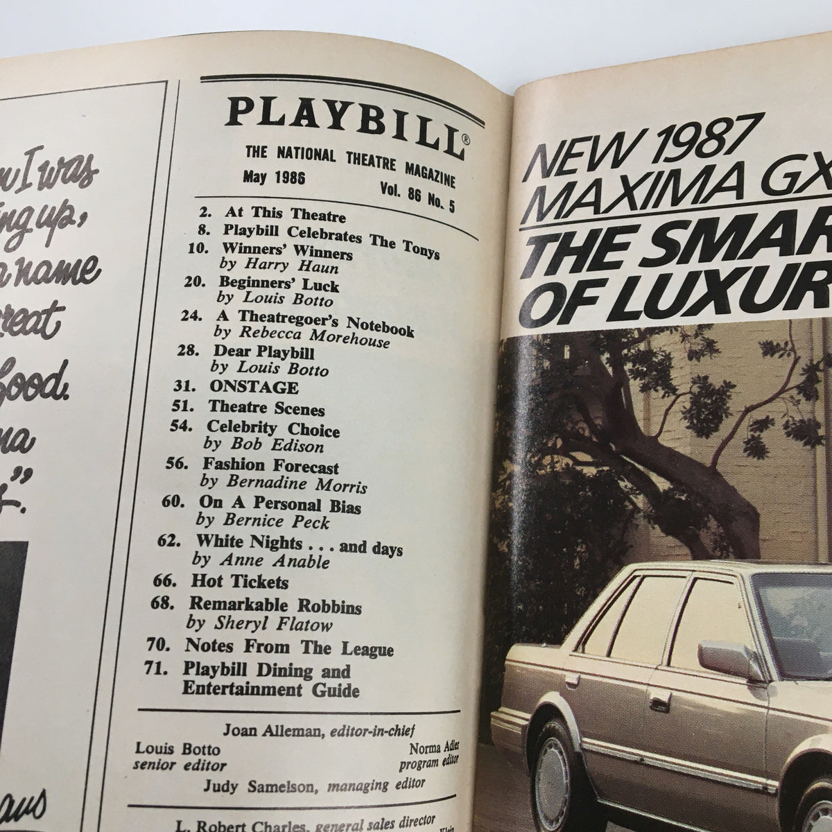 Inside page of the 1986 Playbill Longacre Theatre featuring advertisements and theater listings, Vol 86 #3.
