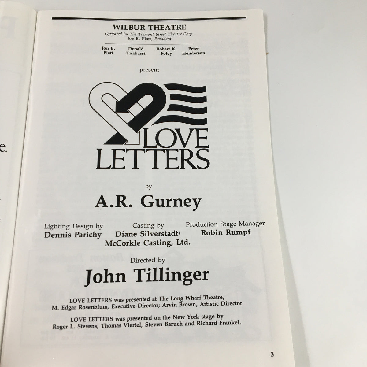 Opening page of the 1992 Playbill for Love Letters by A.R. Gurney presented at the Wilbur Theatre, listing production details and acknowledgments.