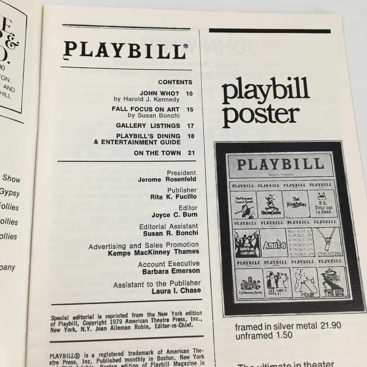 Another interior page of the 1979 Playbill from Charles Playhouse, listing contents and advertisements for Side by Side by Sondheim.
