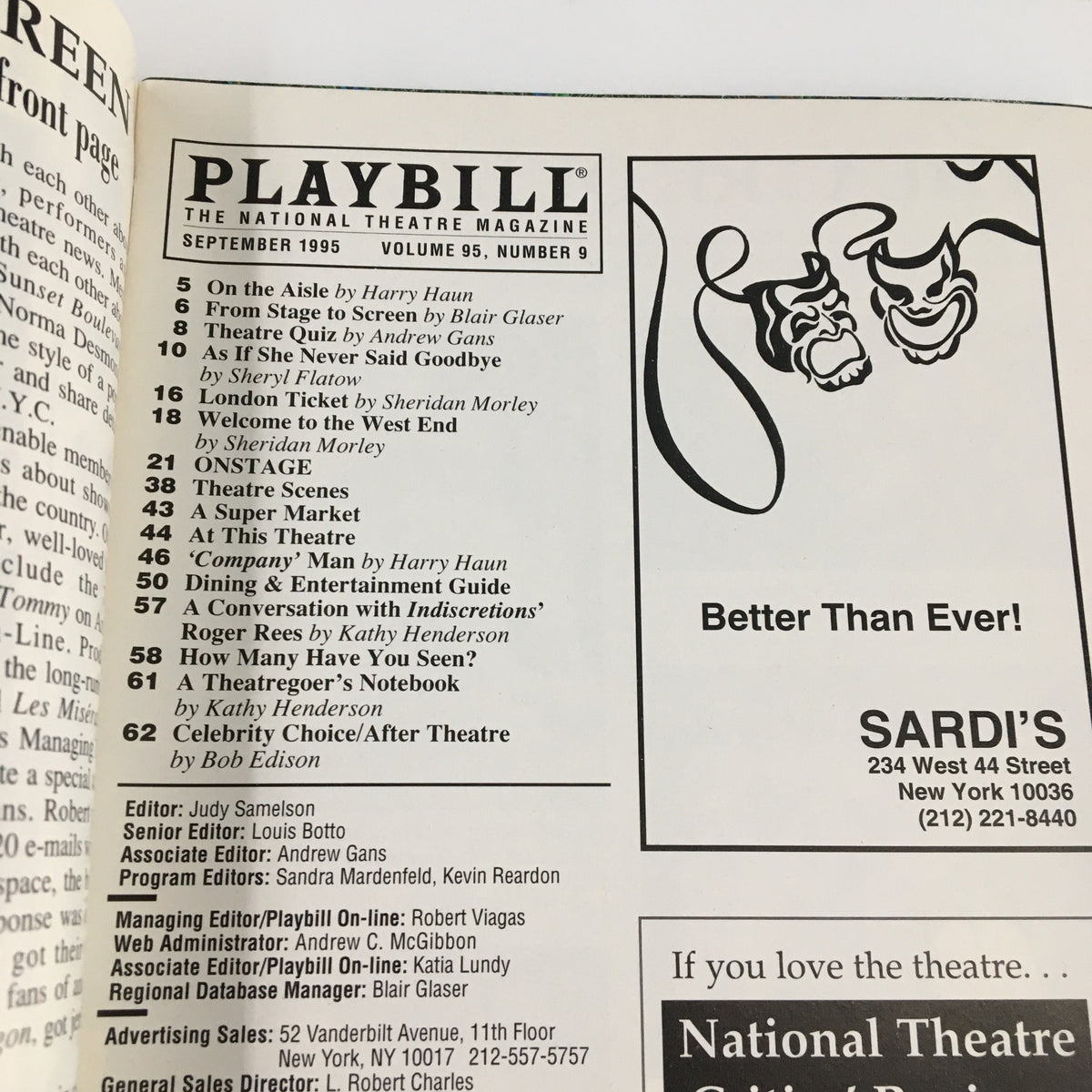 Inside page of the 1995 Playbill for The Heiress listing the production team and cast information.