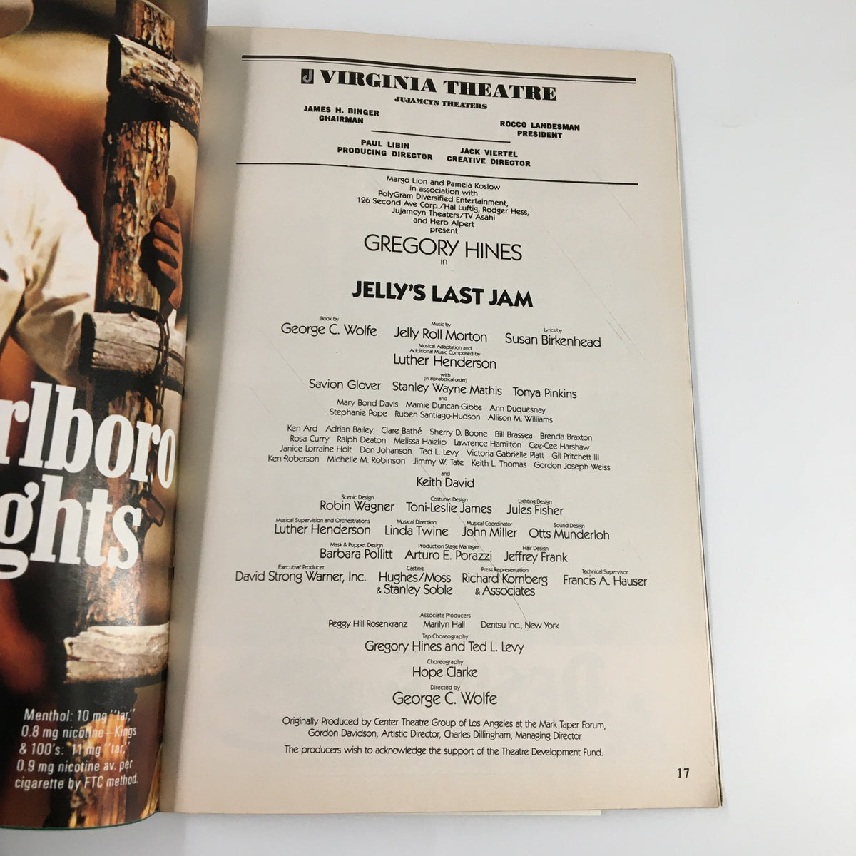 Inside page of the 1995 Playbill for Jelly's Last Jam, detailing the cast and crew including Gregory Hines and director George Wolfe.