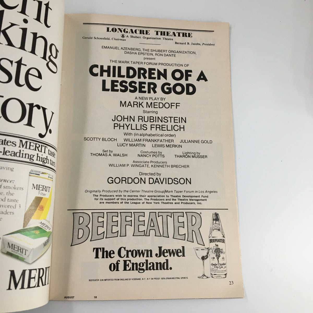 1980 Playbill for 'Children of a Lesser God' by Mark Medoff, featuring details of the Longacre Theatre production, including cast and production credits.