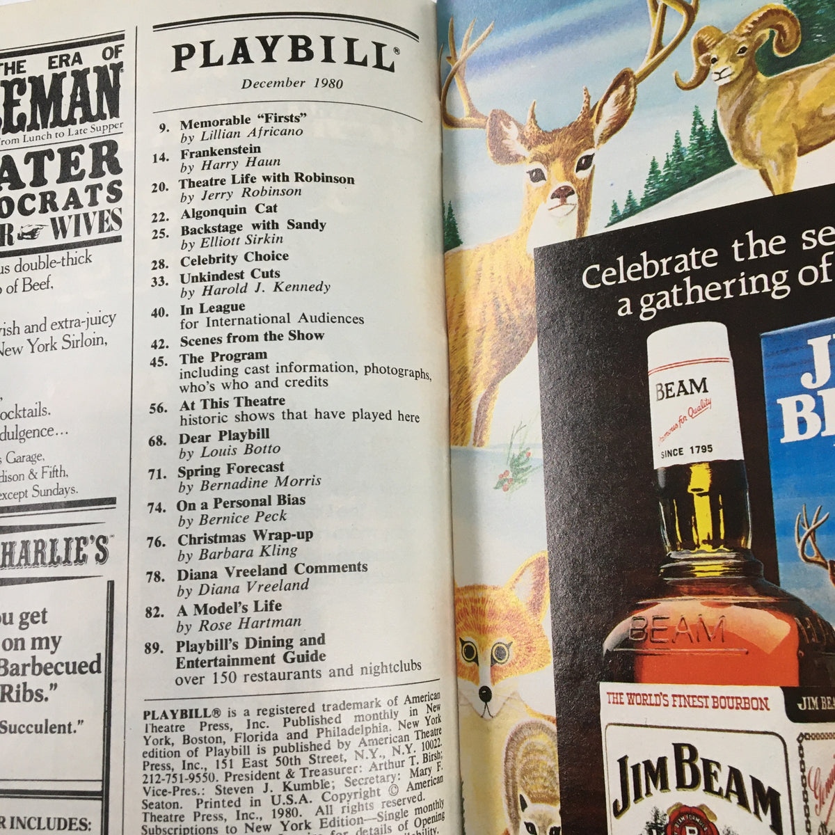 Interior page of the 1980 Playbill for The Pirates of Penzance featuring a festive advertisement and list of contributors.