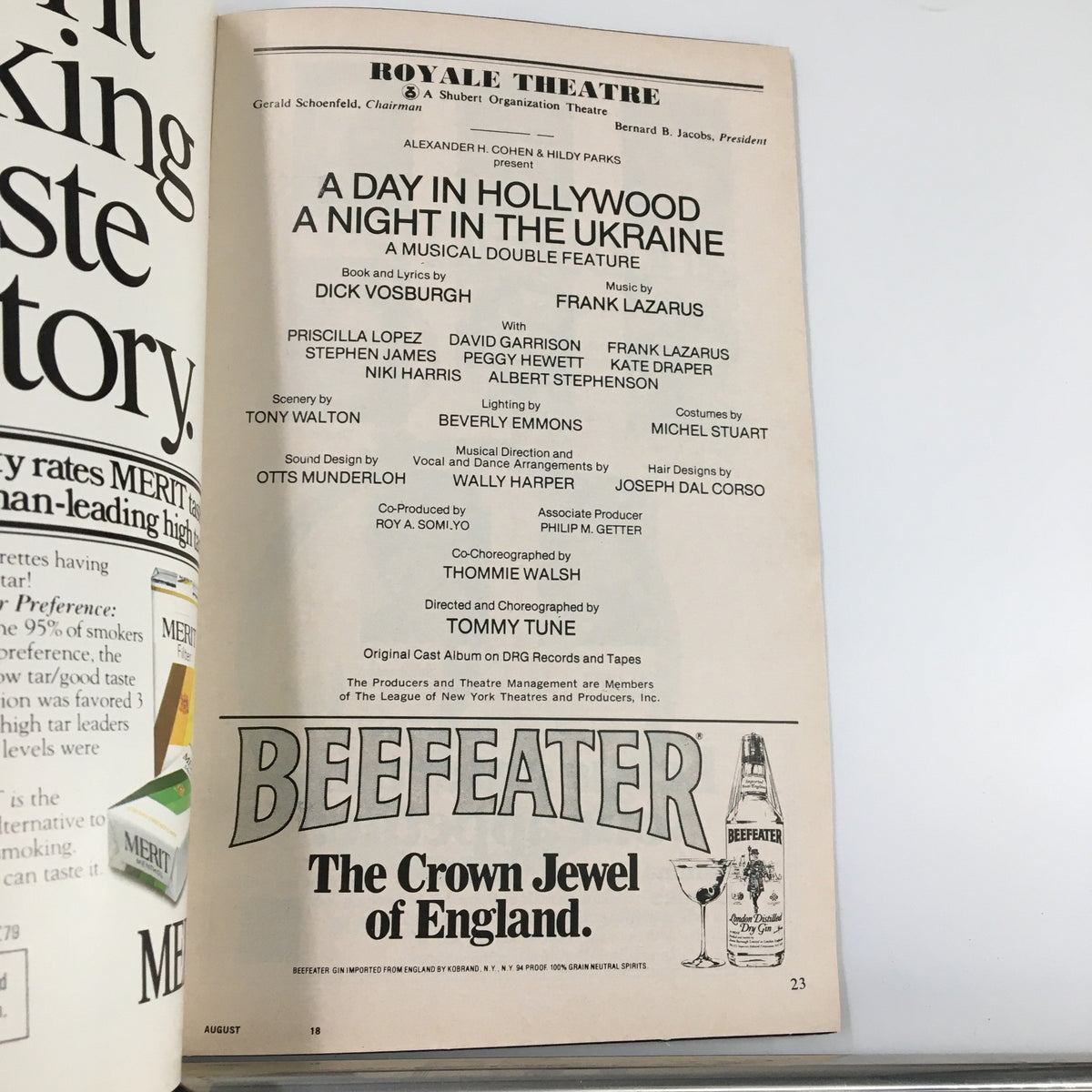 Interior page of the 1980 Playbill from Royale Theatre featuring 'A Day In Hollywood A Night In The Ukraine', showcasing cast details and production credits, directed by Tommy Tune.