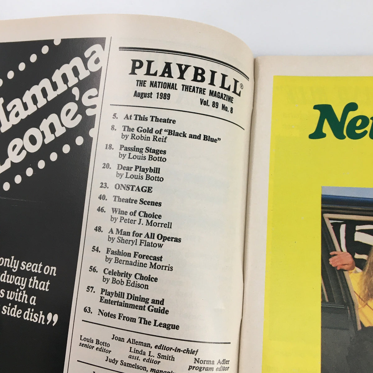Inside page of the 1989 Playbill listing productions including 'The Heidi Chronicles', highlighting the distinctive layout and typography.