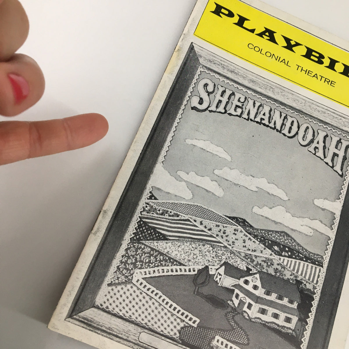 Close-up view of the 1974 Playbill for Shenandoah at The Colonial Theatre, highlighting its cover illustration.