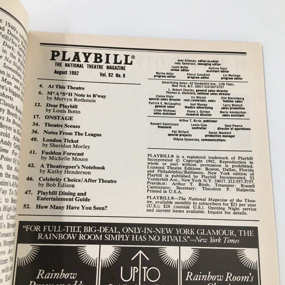 Inside page of the August 1992 Playbill for 'Jake's Women,' showcasing the table of contents and articles of the National Theatre Magazine.