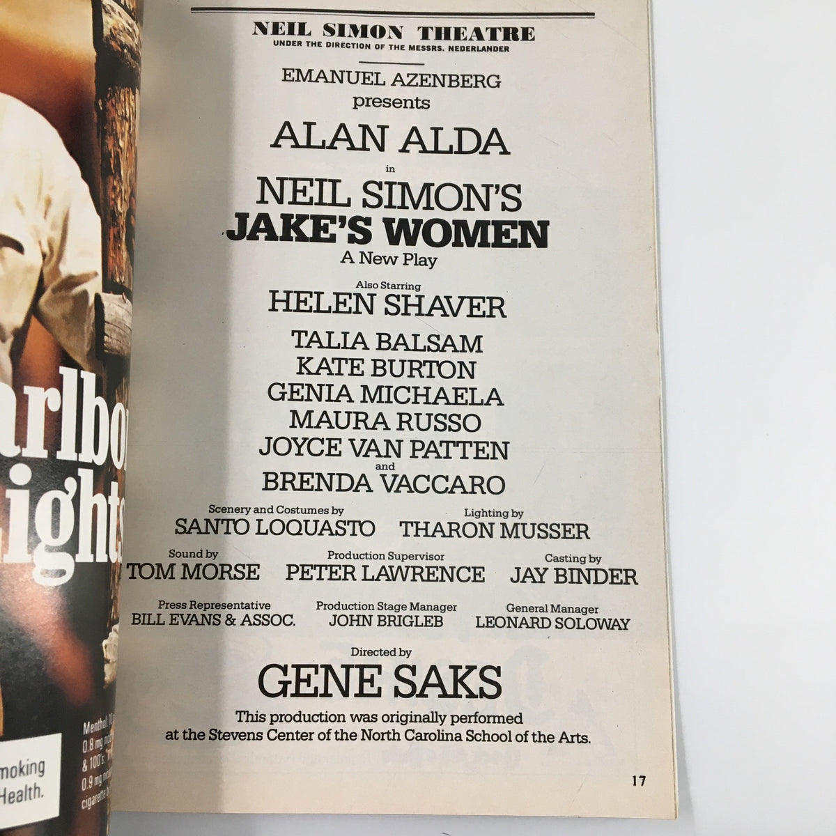 Page from the 1992 Playbill for 'Jake's Women' featuring cast and crew details, with Alan Alda prominently displayed, directed by Gene Saks.