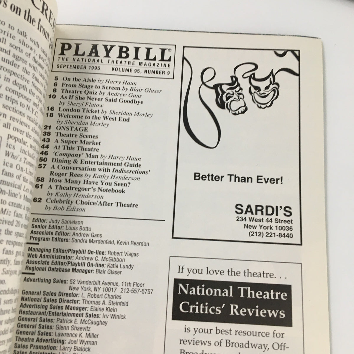 Inside view of the 1995 Playbill for Minskoff Theatre, featuring theatre magazine content and advertisements, emphasizing the vibrant theatrical culture of the era.