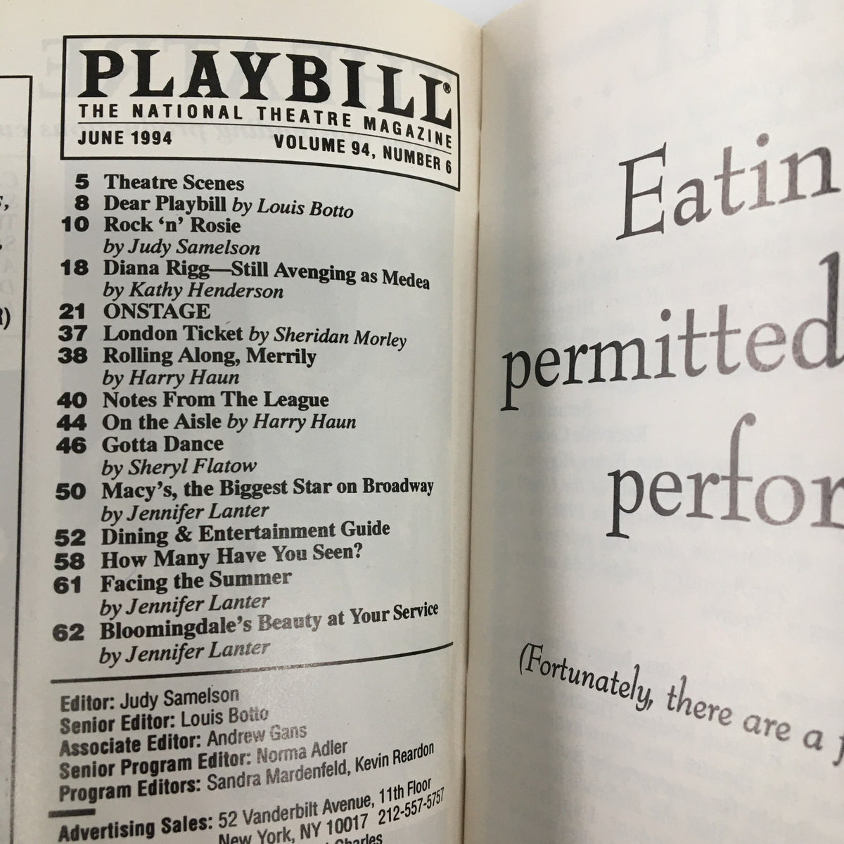 Interior page of the June 1994 Playbill, showcasing featured articles and content related to theatre, part of the Merrily We Roll Along production.