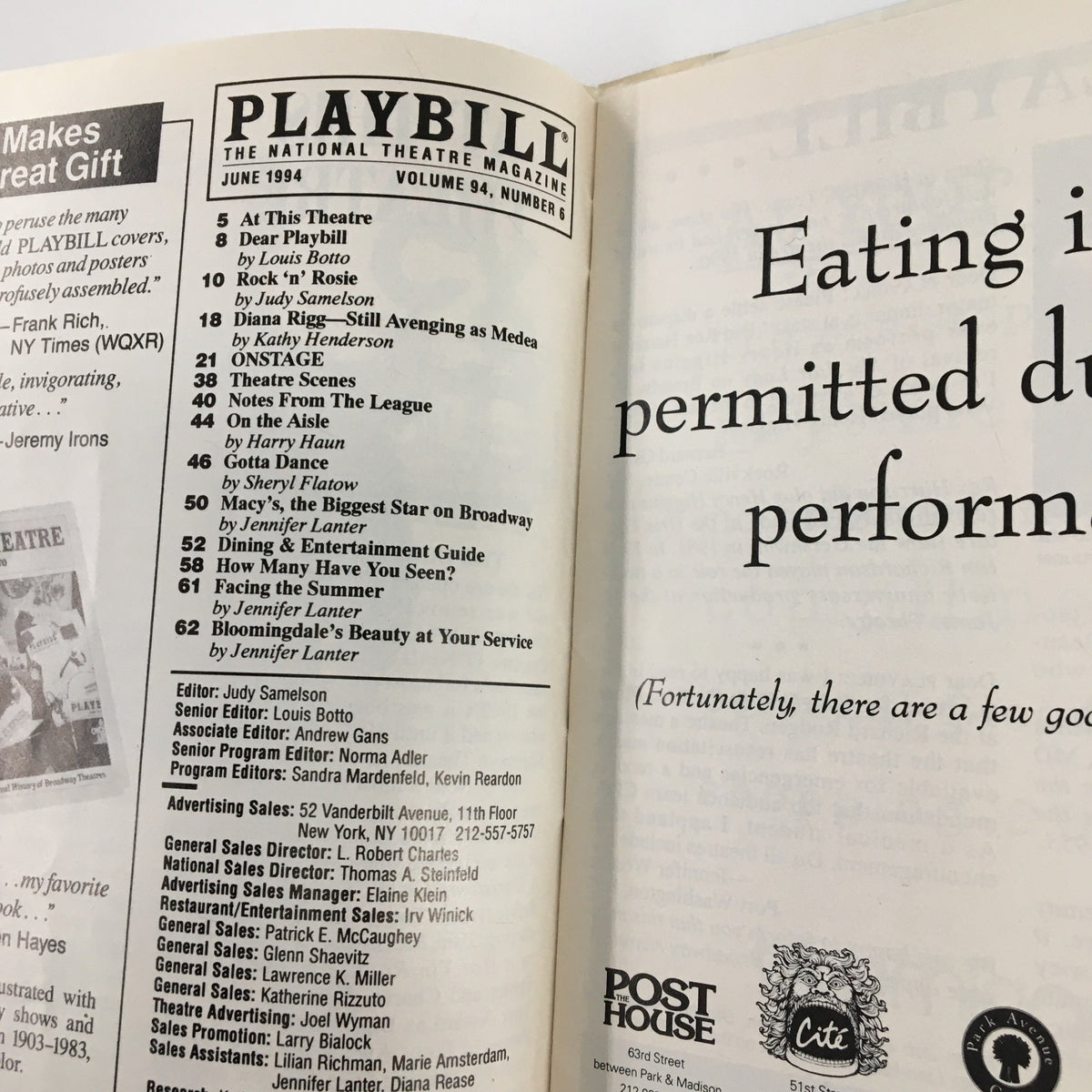 Interior page of a June 1994 Playbill for Grease at the Eugene O'Neill Theatre, showcasing the contents and articles featured in the magazine.