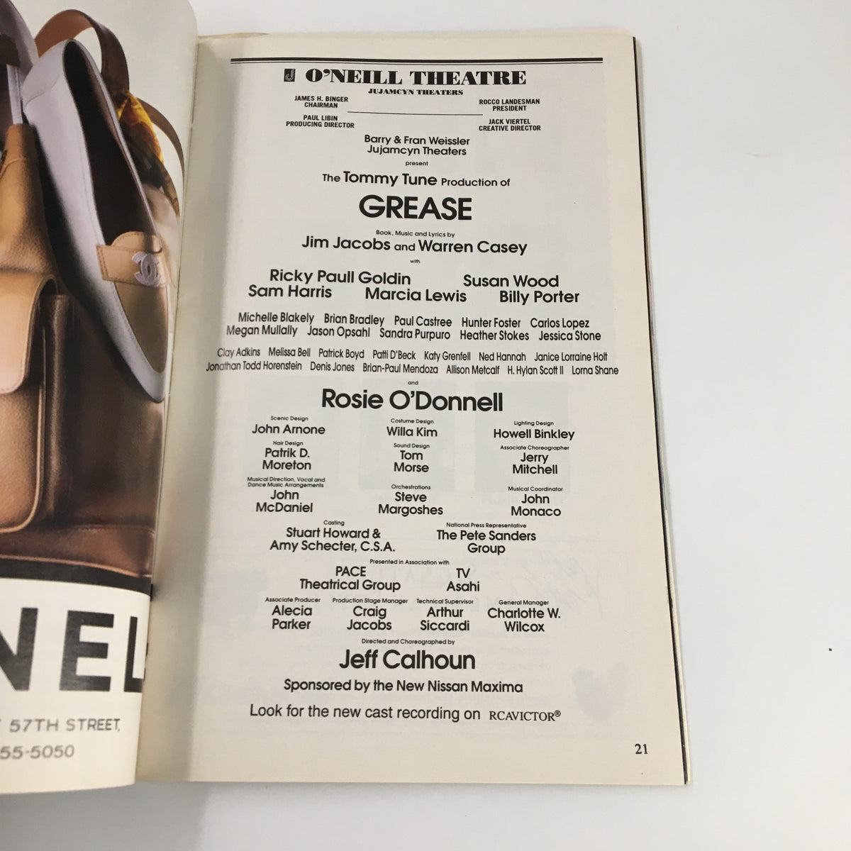 Interior page of the June 1994 Playbill for Grease, detailing the cast and production team at the Eugene O'Neill Theatre, including Jim Jacobs and Warren Casey.