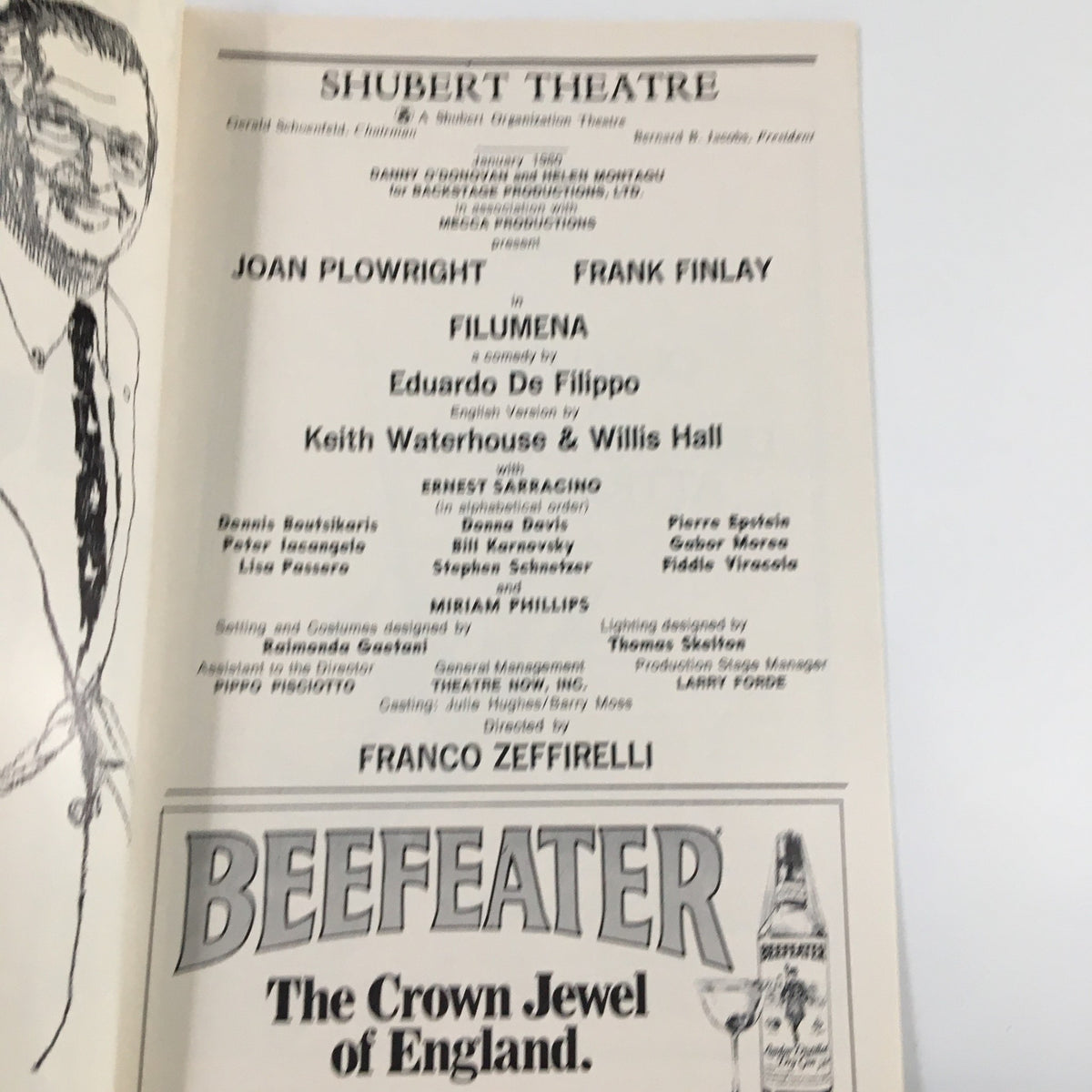 Inside page of the 1980 Playbill for Filumena, showcasing cast and production details including Joan Plowright and Franco Zeffirelli.
