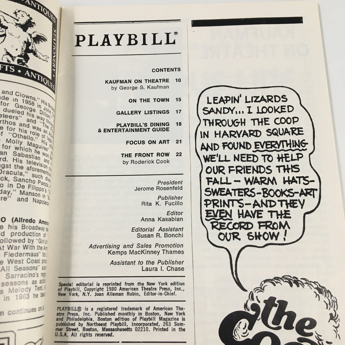 Contents page of the 1980 Playbill for Filumena, featuring advertisements and additional show details.