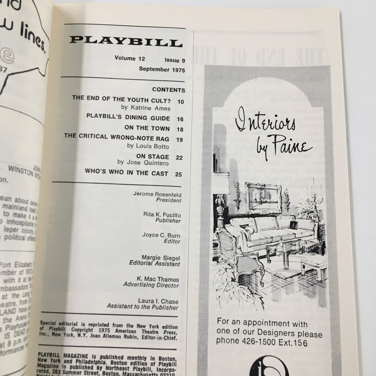 Interior page of the 1975 Playbill for 'Sizwe Banzi is Dead' with contents and advertisements relevant to the era.