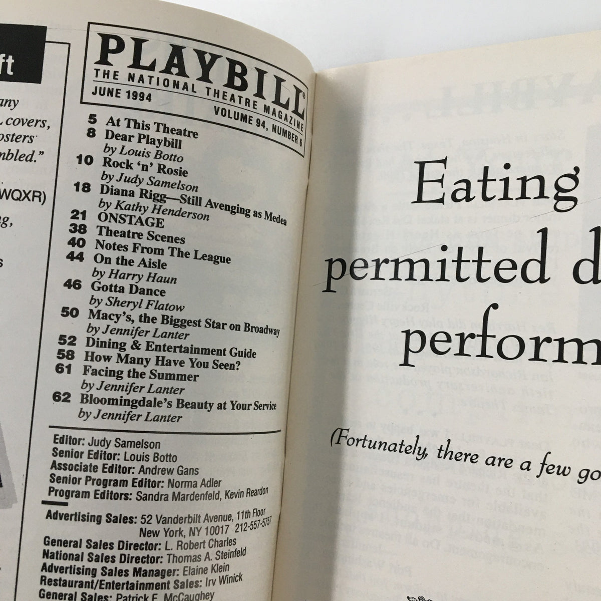 Inside view of the 1994 Playbill for 'Passion' at Plymouth Theatre, with detailed listings of theatre-related content and articles from June 1994.