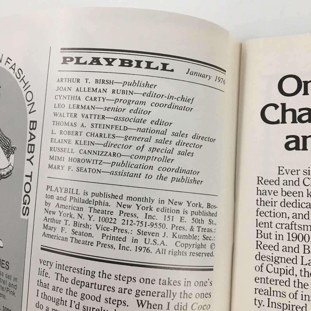Inside page of 1976 Playbill from St. James Theatre featuring credits and contributors for the production of Musical Jubilee.
