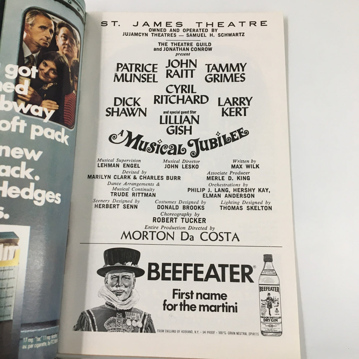 Advertisement page from 1976 Playbill at St. James Theatre showcasing the cast and crew, including Patrice Munsel and John Raitt in Musical Jubilee.