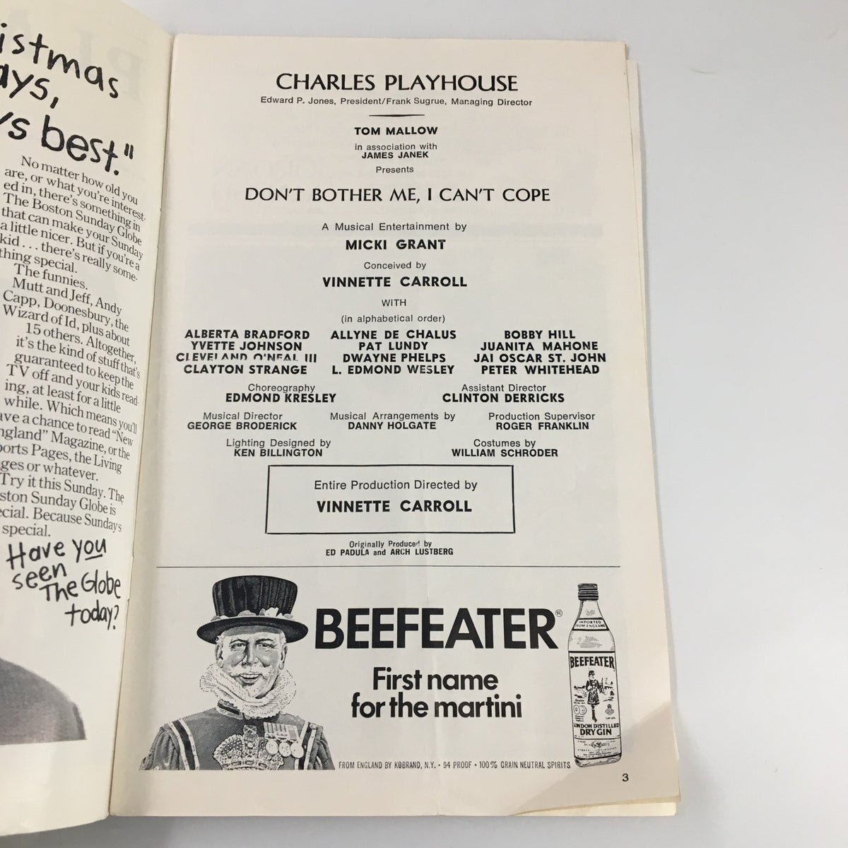 Inside page of the 1976 Playbill for Don't Bother Me I Can't Cope, listing the cast and production details.