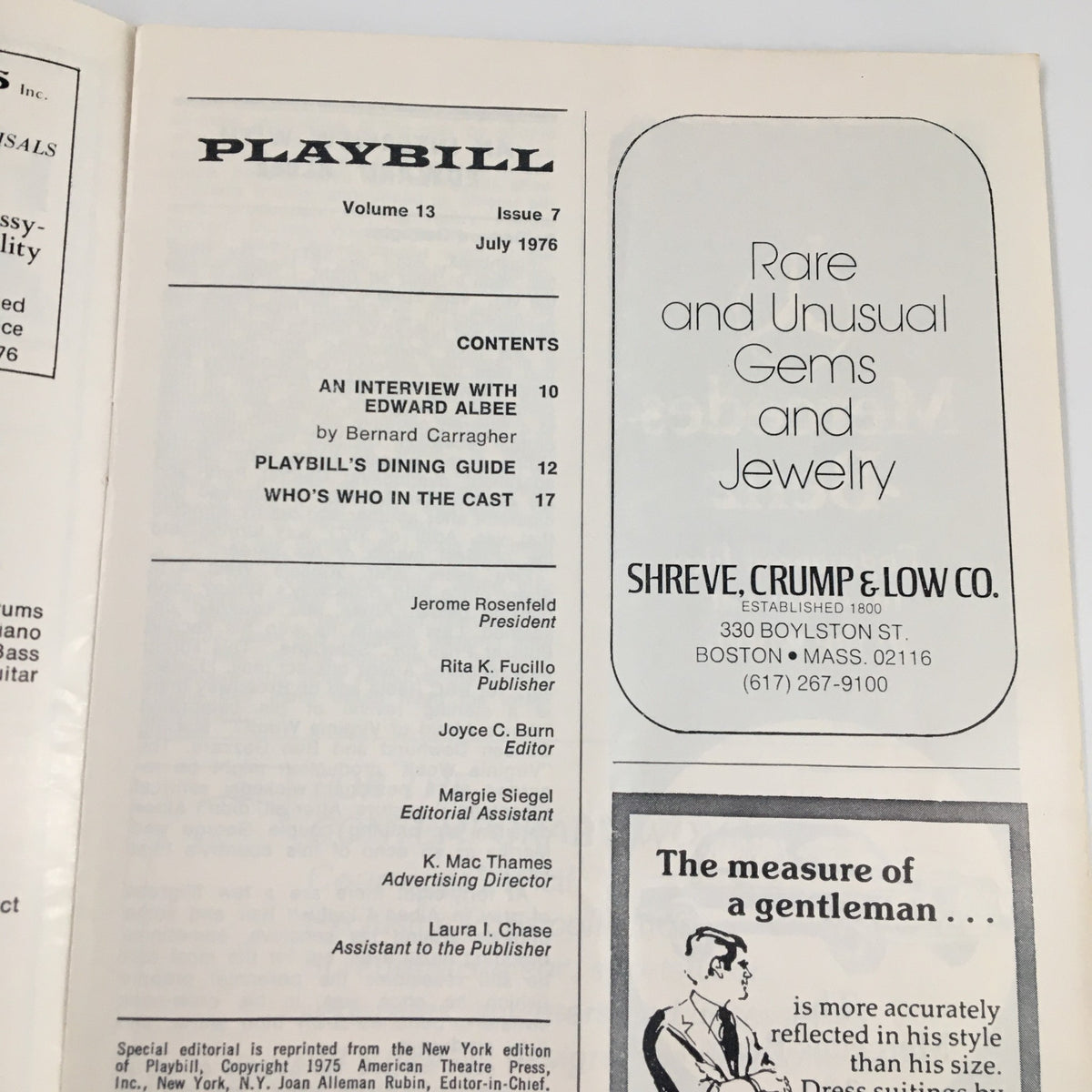 Contents page of the 1976 Playbill for Don't Bother Me I Can't Cope with editorial information.