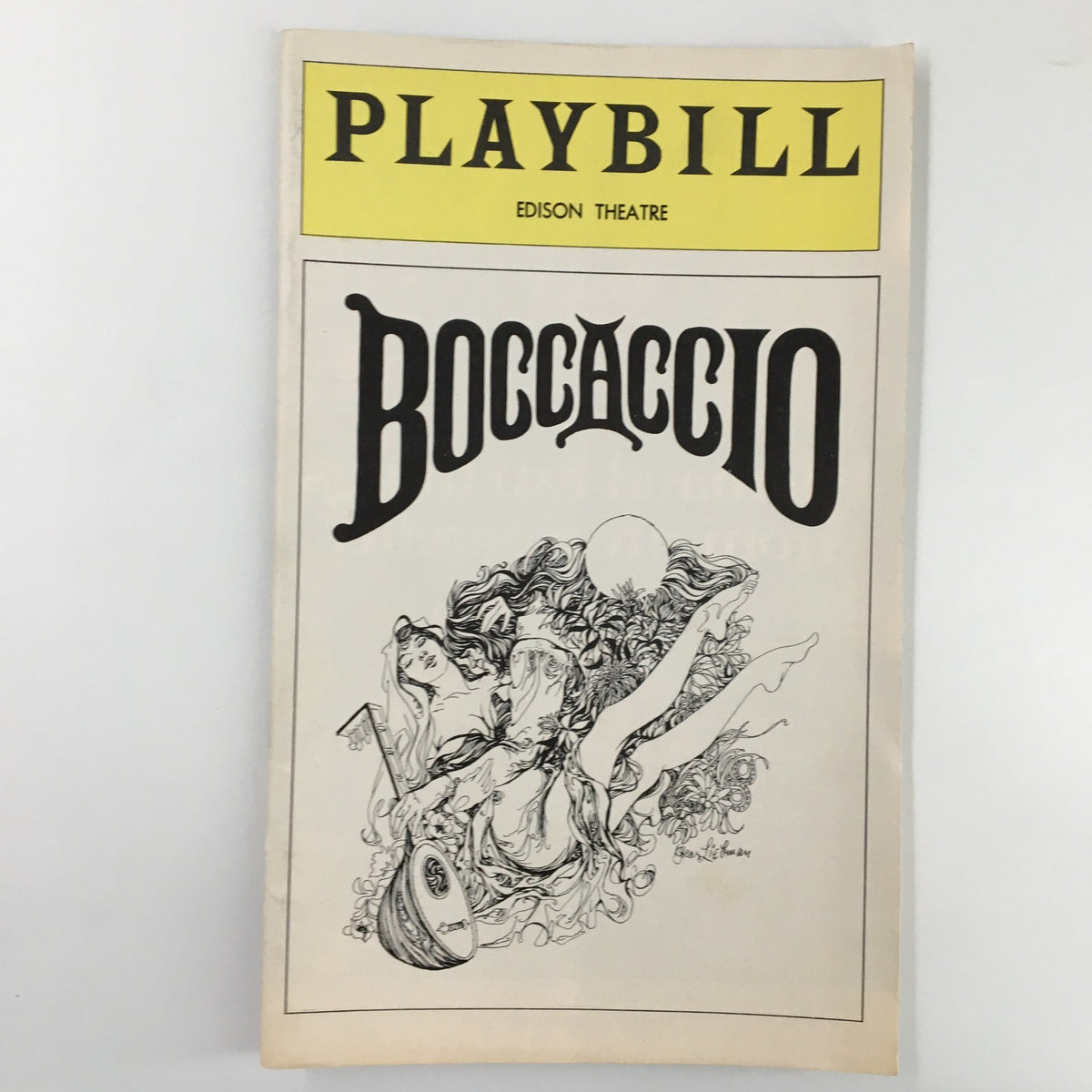1975 Playbill for Boccaccio at the Edison Theatre, featuring an artistic cover with a blend of classic typography and a visual depiction of the production.