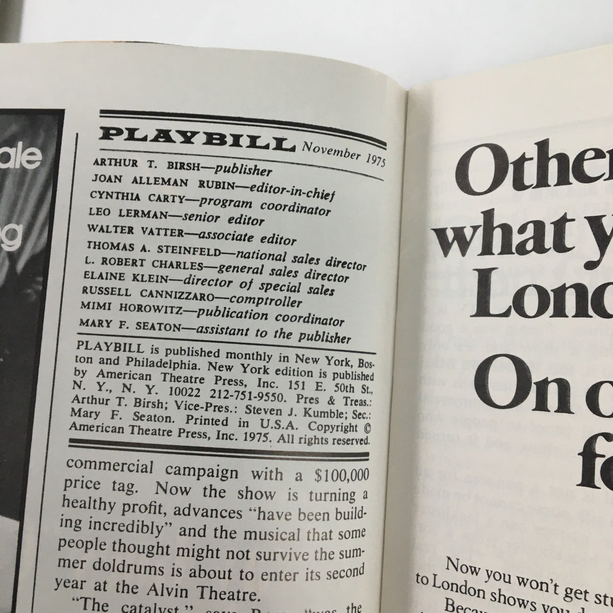 Inside page of the 1975 Playbill featuring publisher and editorial team details, highlighting the Edison Theatre production of Boccaccio starring Rita Fredricks.