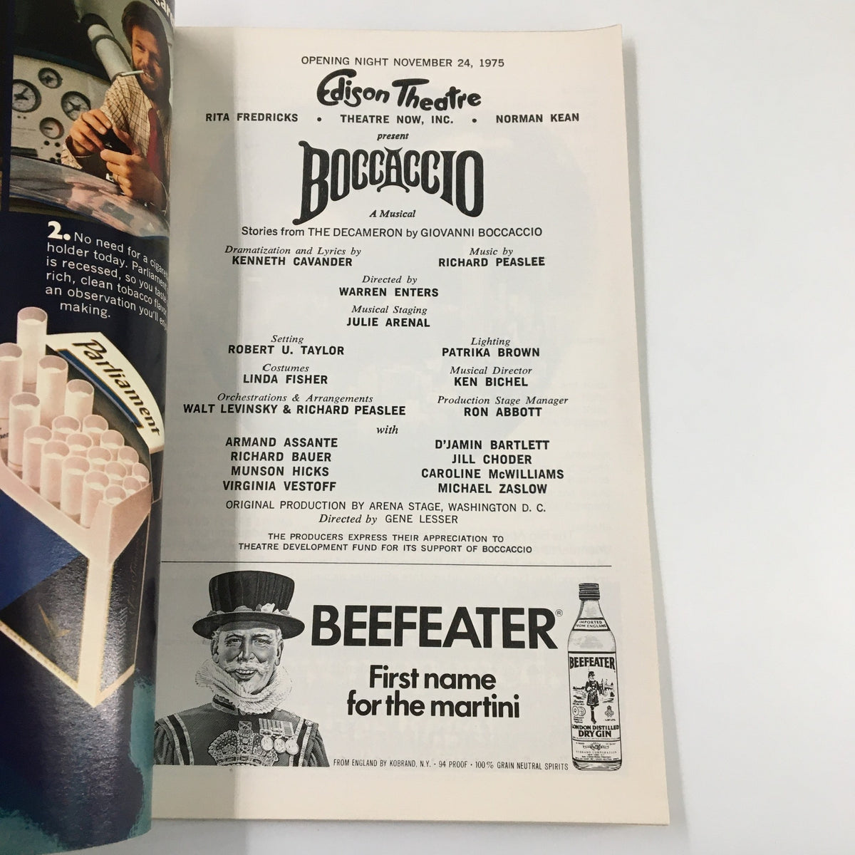 Opening night program page of the 1975 Playbill for Boccaccio at the Edison Theatre, showcasing cast and production details including Rita Fredricks and written by Warren Enters.