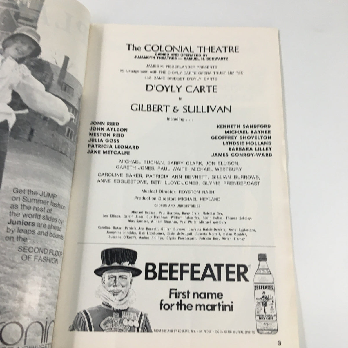 Interior page of the 1976 Playbill from The Colonial Theatre listing cast members and production details for D'Oyly Carte's Gilbert & Sullivan performance.