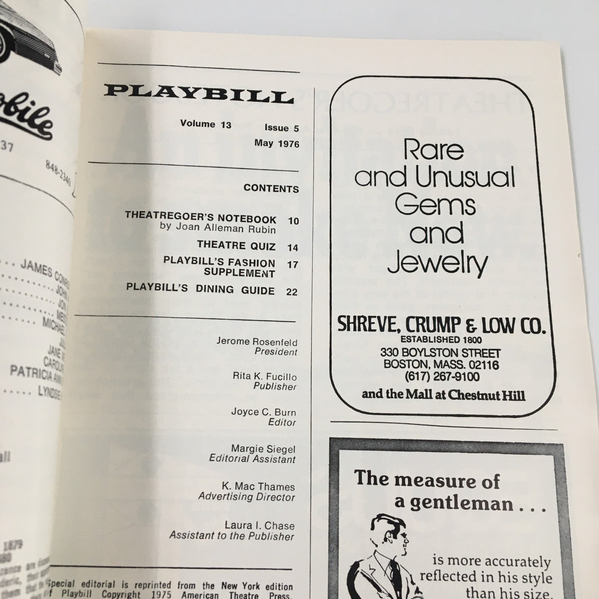 Another interior page from the 1976 Playbill of The Colonial Theatre, highlighting features like Theatrical Notebook and dining guide, relevant to Gilbert & Sullivan's production.