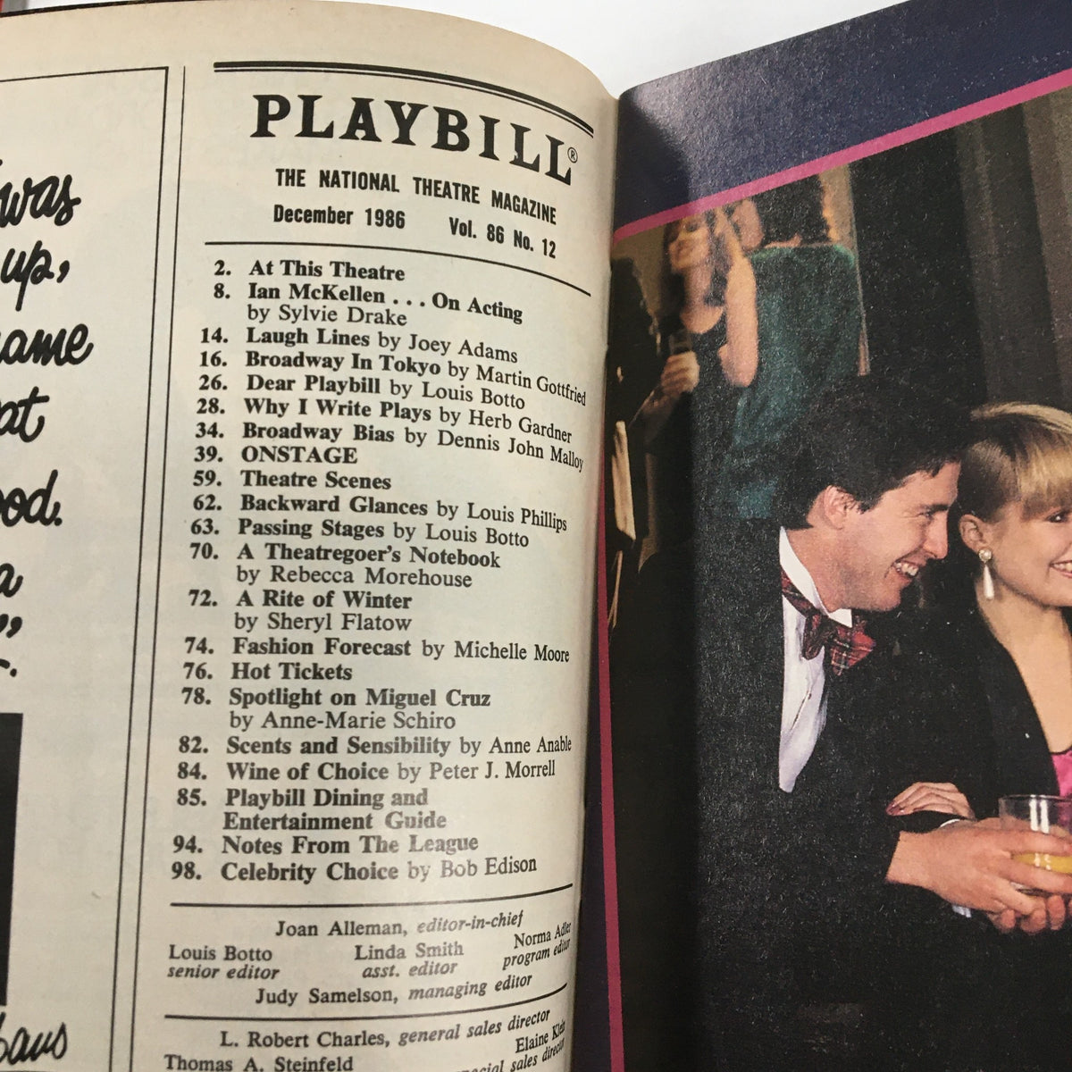 Interior page of the 1986 Playbill featuring a list of performances and articles, showcasing the National Theatre Magazine from December 1986.