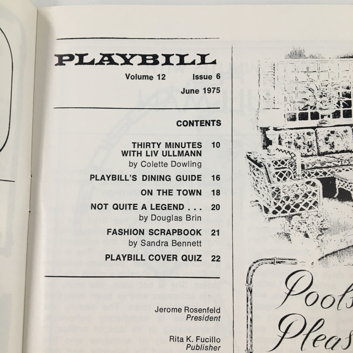 Inside contents page of the 1975 Playbill for The Red Devil Battery Sign, featuring articles and features related to the performance.