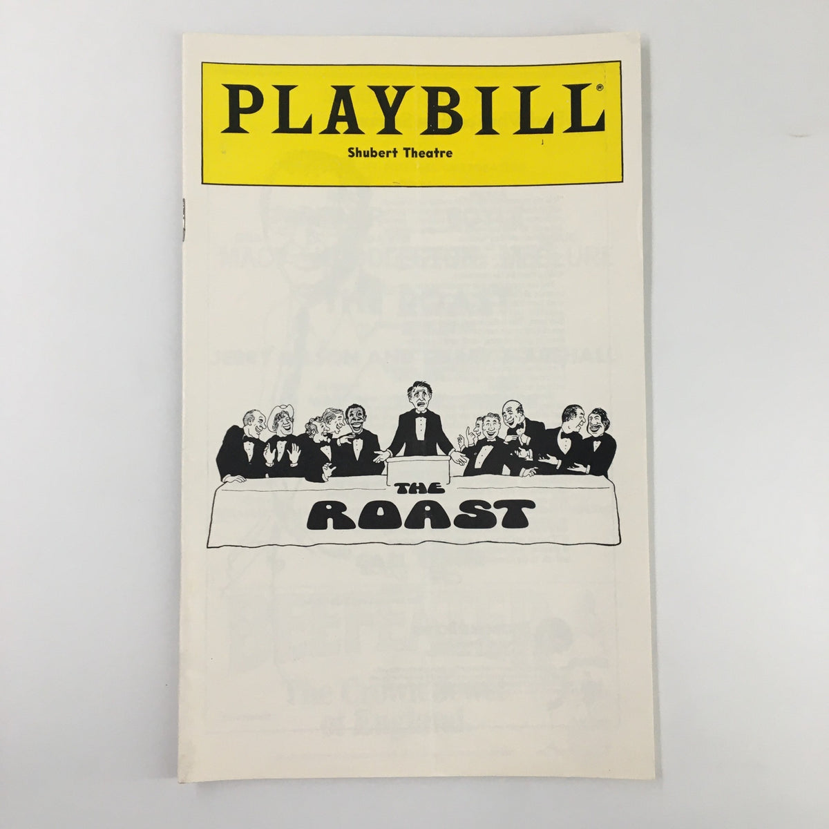 1980 Playbill from Shubert Theatre featuring the production 'The Roast' with illustrations of actors at a banquet table.