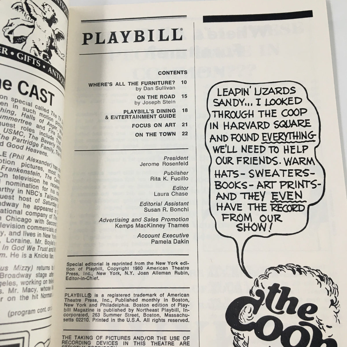 Inside page of 1980 Playbill Shubert Theatre featuring contents and editorial information, showcasing the production with Bill Macy, Antonio Fargas, and Joe Silver in The Roast.