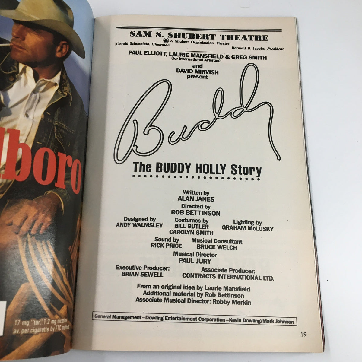 1991 Playbill for The Buddy Holly Story at Sam S. Shubert Theatre, featuring production credits and signature stylized text.