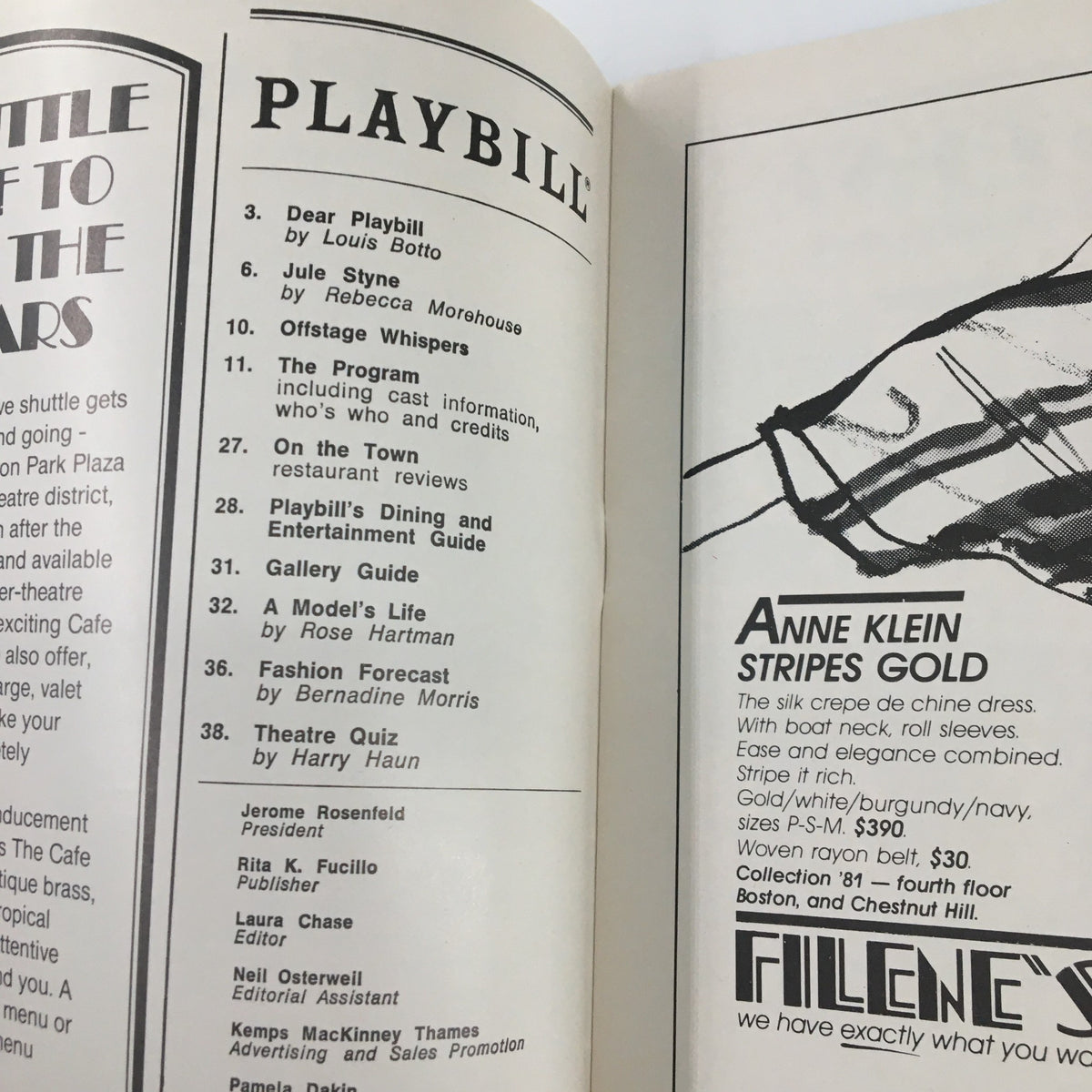 Inside view of a 1981 Playbill for 'The Curse of Kulyenchikov' featuring various articles and advertisements.