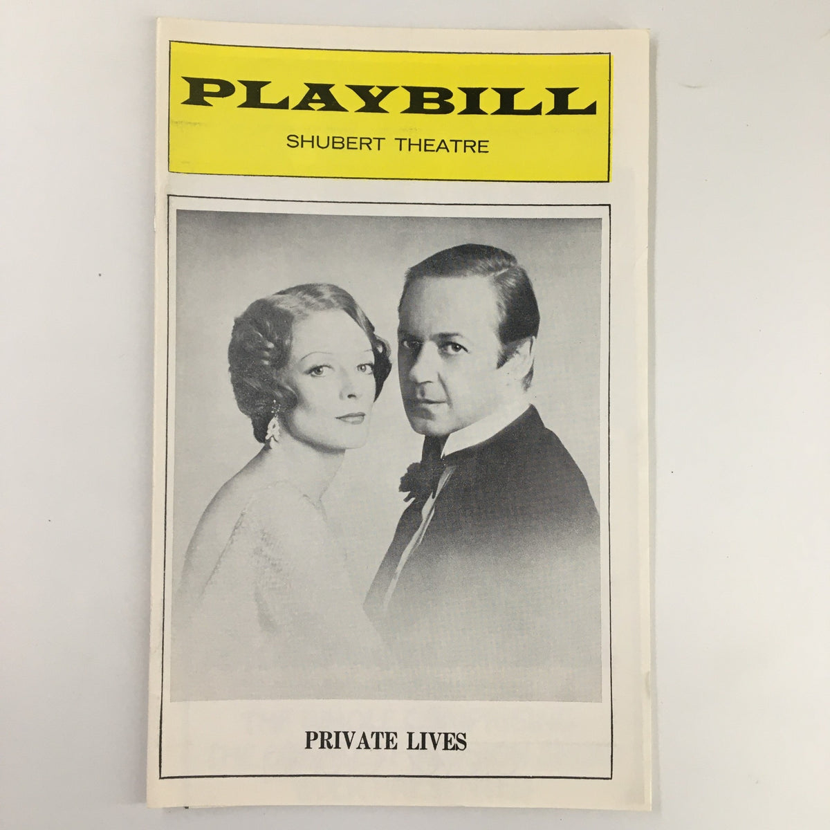 1975 Playbill from Shubert Theatre featuring Maggie Smith and John Standing in the play 'Private Lives' showcasing the iconic cover design.