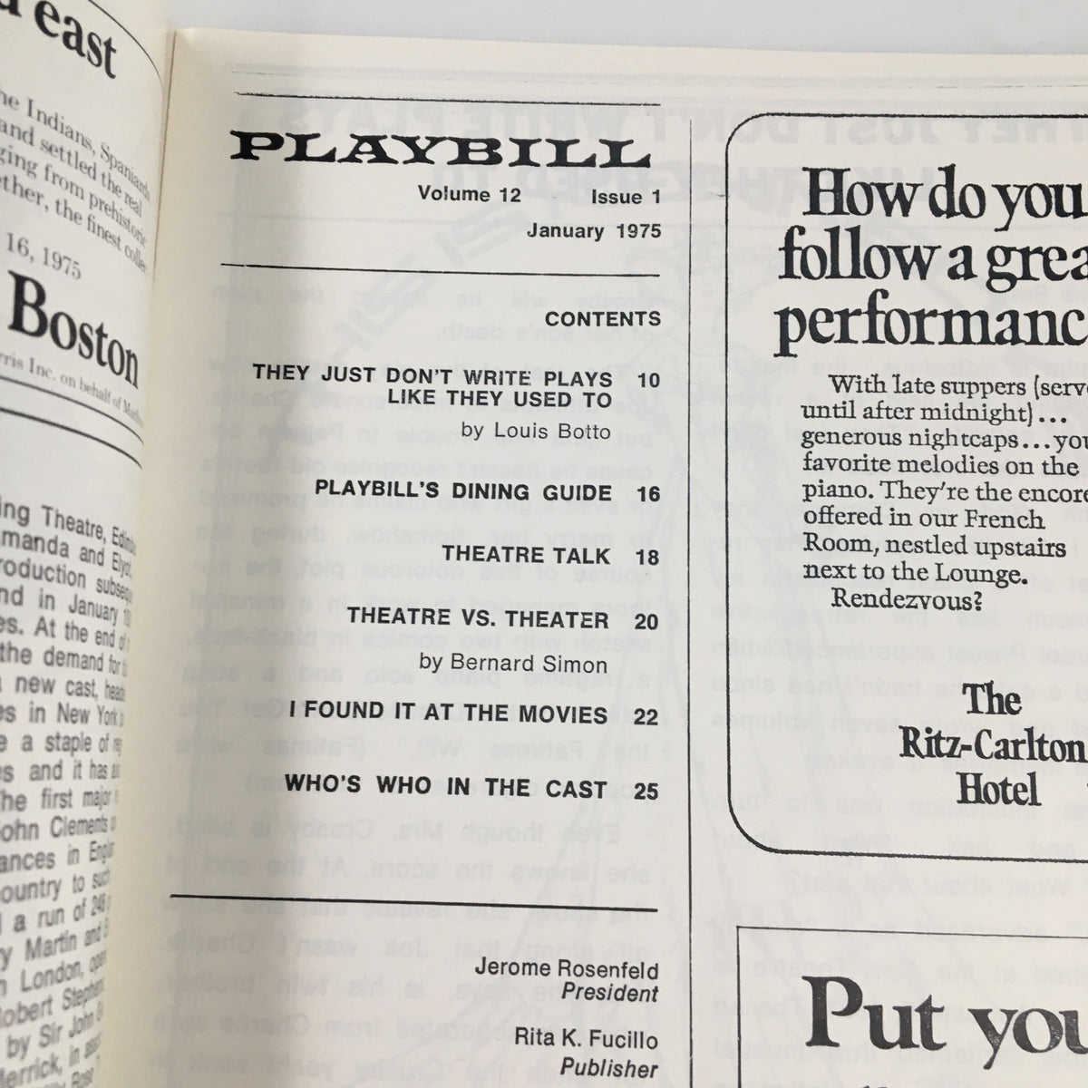 Interior page of the 1975 Playbill from Shubert Theatre including the table of contents and notable articles related to theatrical performances.