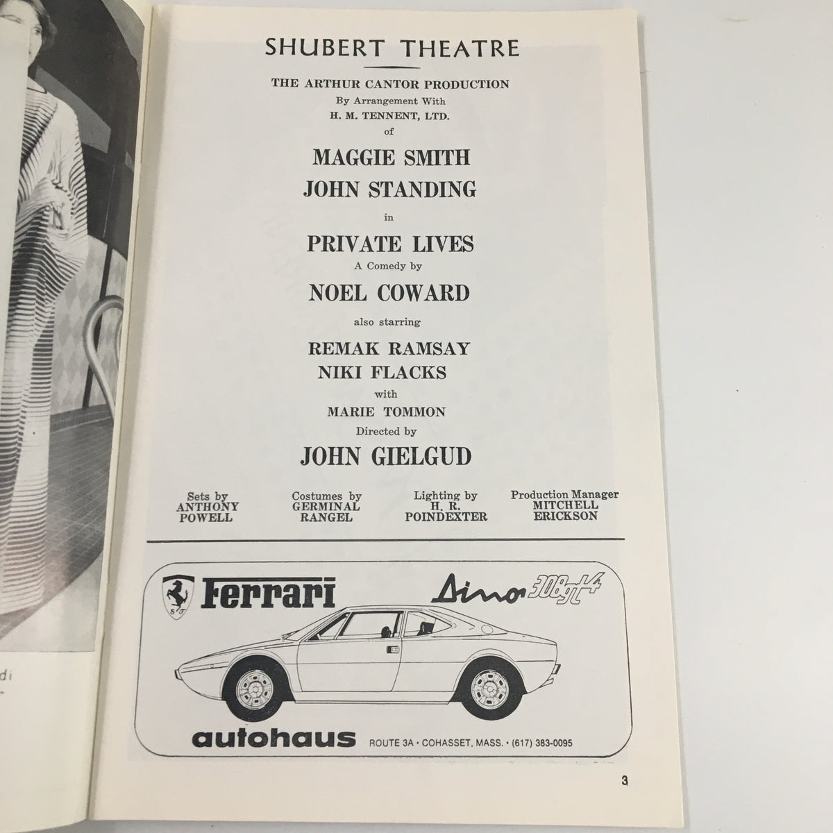 Details from the 1975 Playbill for 'Private Lives' at Shubert Theatre, listing cast and production team members including Maggie Smith and John Standing.