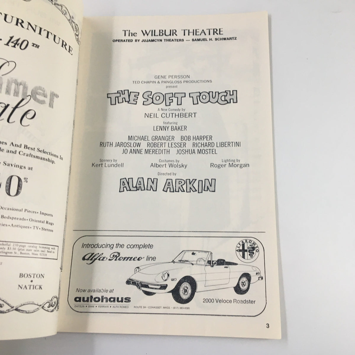 1975 Playbill for The Wilbur Theatre featuring the play The Soft Touch by Neil Cuthbert, with cast details including Michael Granger and Alan Arkin.