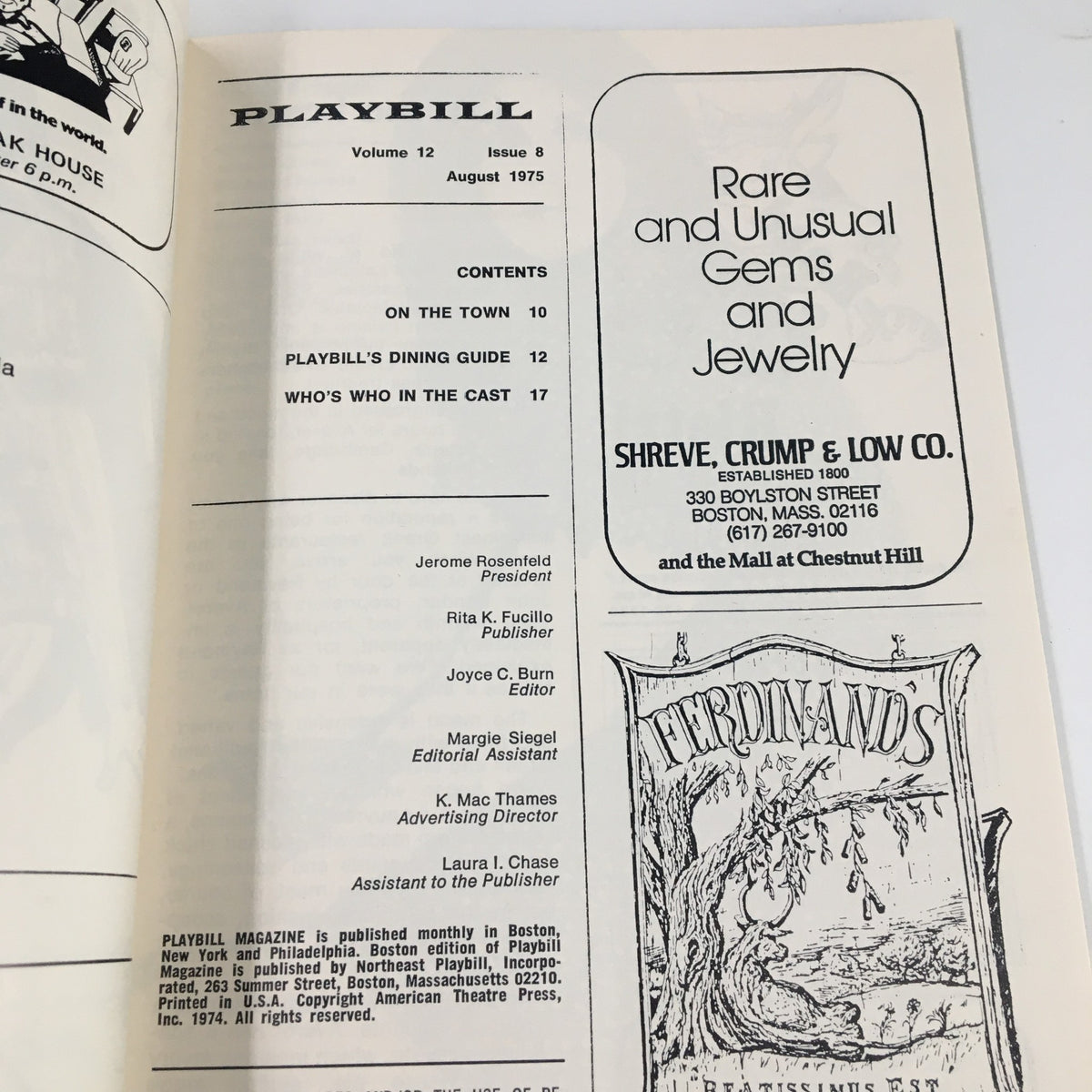 1975 Playbill for The Wilbur Theatre, showcasing contents from an August edition, including rare gems and jewelry advertisement.