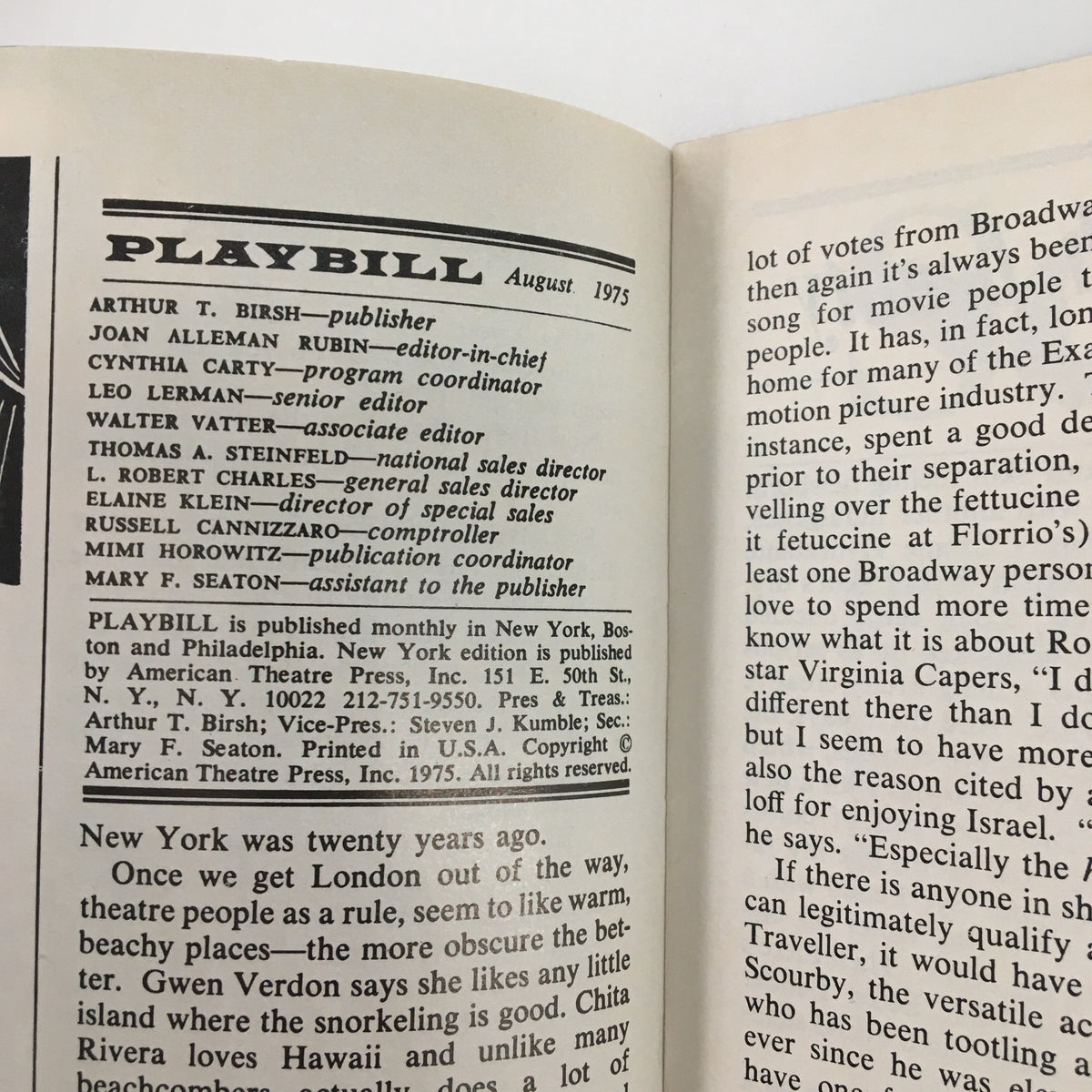 Inside page of the August 1975 Playbill for The Wiz, listing editors and staff with a detailed description of the publication's history.