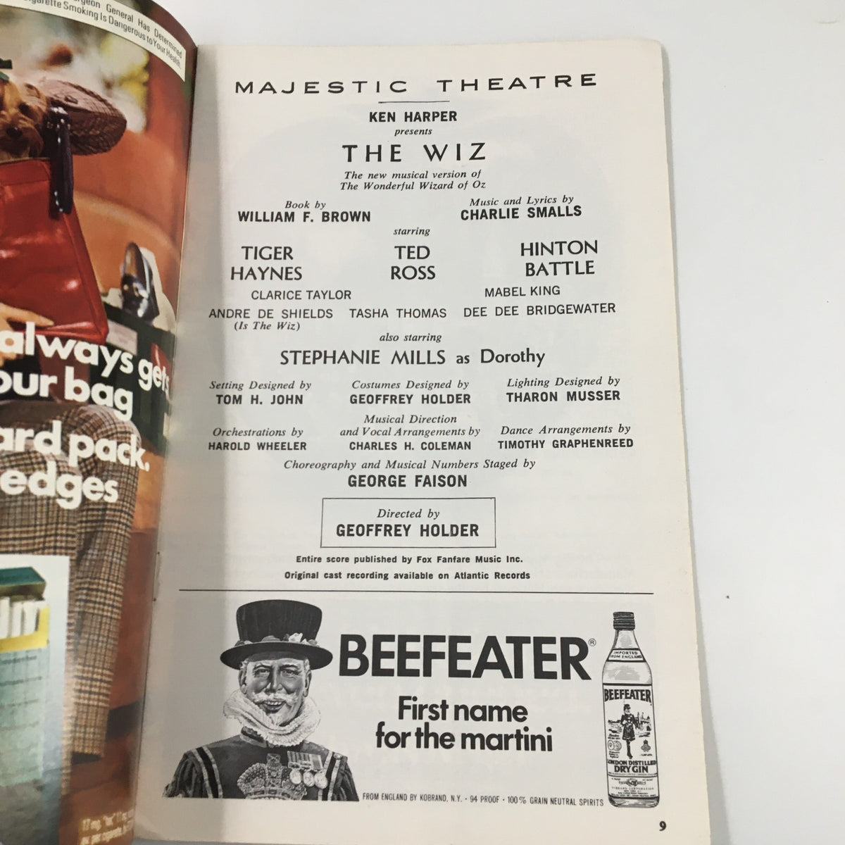 The cast page from the 1975 Playbill for The Wiz at Majestic Theatre, showcasing the production team and lead actors including Tiger Haynes and Ted Ross.